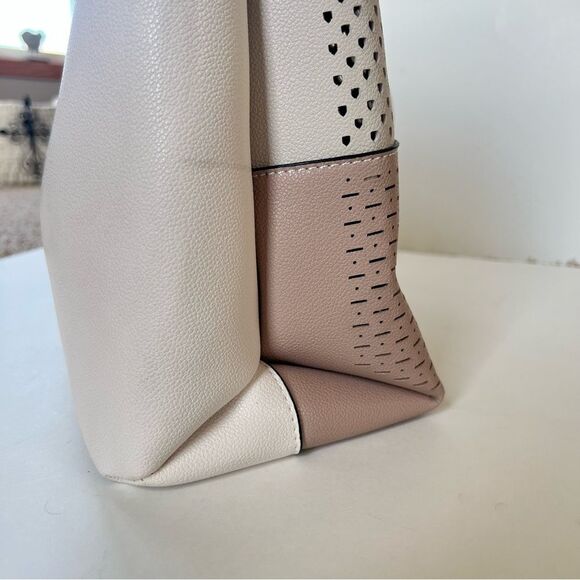 Mellow World Laser Cut Neutral Colorblock Cream Tan Large Tote Bag Purse Set - Picture 8 of 13